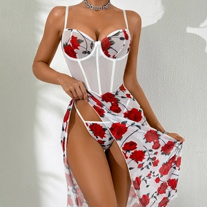 Red Rose Floral Mesh Corset Top And High Slit Maxi Skirt And Panties For Women Sexy Strappy Vacation Long Dress