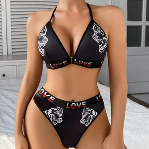 Lingerie Sexy Femme Bikini Haut Et Pantalon Imprimé Tête de Loup Bande Élastique Sportive Lettres LOVE Noir Sous-vêtements