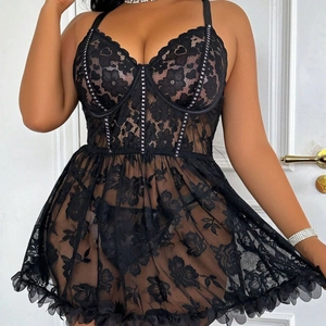 Sexy black lace chemise dress with floral patterns and sparkling vertical rhinestone accents