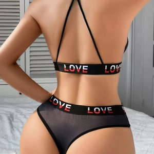 Ensemble lingerie bikini noir sexy avec imprimé lettres LOVE et dos croisé pour femme
