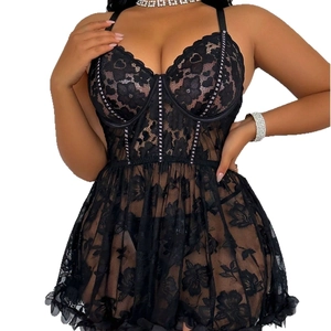 Sexy black floral lace chemise set with molded cups and sheer ruffle hem lingerie