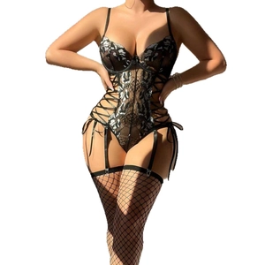 Sexy black lace bodysuit with floral embroidery, hollow-out lace-up sides and fishnet stockings