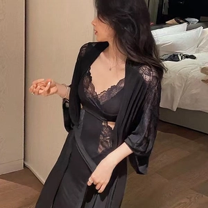 Elegant black lace-trimmed silk pajamas set with long robe and slip dress for women