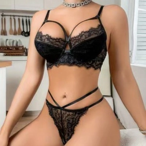 Sexy black floral lace lingerie set with halter neck bra and cross strap details