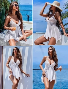 Deep V-neck white lace and sheer mesh nightgown with bow detail and irregular hemline