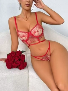 Detail of red floral lace lingerie set with underwire bra and matching thong on a sofa