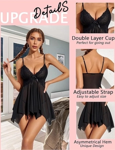 Detailed view of black lace nightgown with double layer cups and adjustable straps