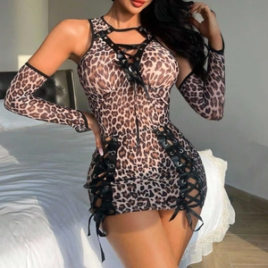 Robe Bodycon Sexy Imprimé Léopard Dentelle Dos Nu Avec Manches Et Bandeau Jeu de Rôle Lingerie Érotique Top And Bottom