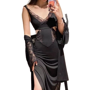 Elegant black lace sleepwear set with deep V-neck dress and matching long sleeve robe