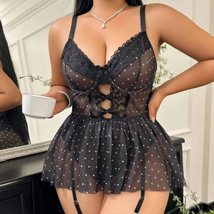 Damen Sexy Übergröße Punktemuster Netzgewebe Body Lingerie Mit Spitze Strumpfhalter Und Netzstrümpfen Babydoll Nachthemd