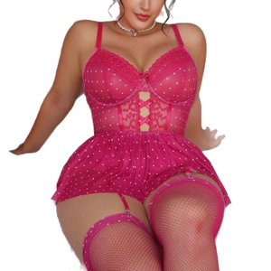 Sexeter rosenroter Polka Dot Spitze Bodysuit für Damen mit Netzdetails