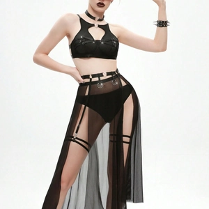 Lingerie Sexy Femmes Gothique Punk Noir Crop Top Ajouré Cœur Et Jupe Longue En Maille Fendue Avec Choker Et Bracelet Bijoux