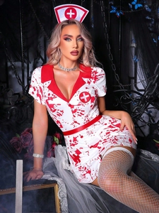 Close-up of blood-splattered Halloween nurse dress with cross-marked headpiece