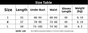 Detailed size guide table for mesh patchwork bodysuit set including gloves