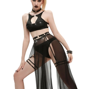 Ensemble lingerie gothique punk avec boucles cœur, haut court et jupe en mesh noir