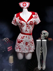 Detailed bloody nurse costume set with splash patterns and fishnet stockings for Halloween