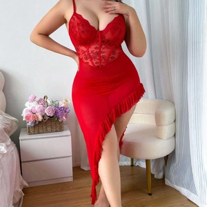 Sexy red lace bodysuit lingerie with floral embroidery and sheer ruffled skirt