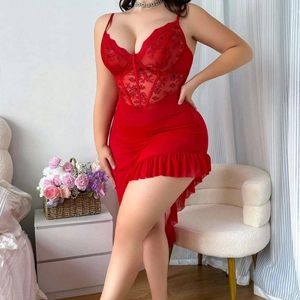 Sexy red lace corset dress with floral embroidery and sheer mesh ruffles for women