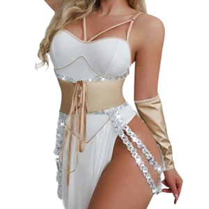 Ensemble lingerie cosplay sexy blanc et or avec paillettes et corset à lacets