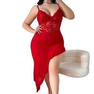 Red sexy lace mesh bodysuit with underwire support and sheer ruffle hem dress