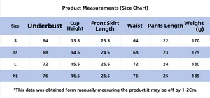 Detailed size guide table for sexy lace mesh uniform set including S to XL dimensions