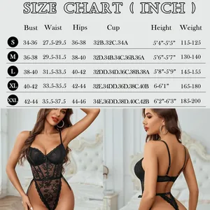 Detailed size chart guide for black floral lace bodysuit ranging from S to XXL sizes