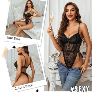 Detailed view of black floral lace bodysuit featuring side bows and cutout back design