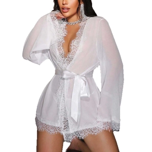 Elegant white sheer mesh lingerie robe with eyelash lace trim and satin sash tie