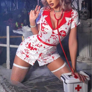 Bloody nurse costume for Halloween with white dress red belt and medical props