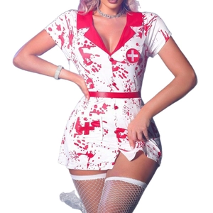Bloody nurse costume for Halloween featuring a white dress with red splatters and cross logo