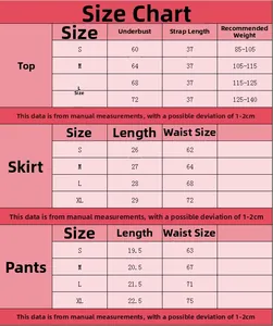 Detailed size chart for sexy bow mesh lingerie set including tops, skirts and pants