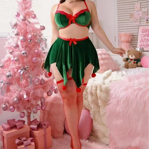 Weihnachts-Dessous-Set in Übergröße aus grünem Samt mit Rock und roten Netzstrümpfen