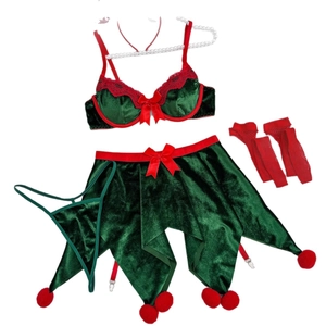 Fünfteiliges Weihnachts-Dessous-Set aus grünem Samt mit rotem Spitzenbesatz