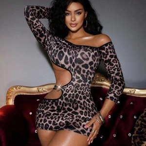 Women Sexy Leopard Print One Shoulder Mini Dress Cut Out Long Sleeve Nightwear Party Club Bodycon Tight Dress