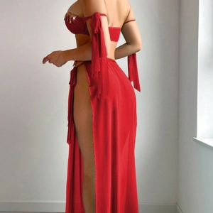 Sexy red mesh dance set with golden leaf tassels and high slit maxi skirt on model