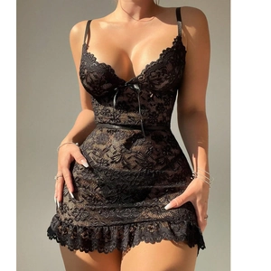 Sexy Spitze Blumen Babydoll Nachthemd Für Damen Tiefer V-Ausschnitt Schleife Dekor Rüschensaum Nachtwäsche Verstellbare Träger Dessous-Set
