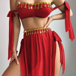Exotic red mesh two-piece set with gold fringe and high slit skirt for party wear