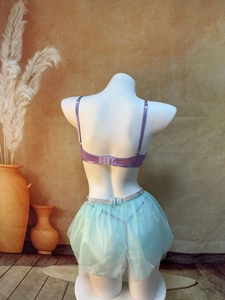 Detail view of purple satin back lingerie and light blue mesh tutu with silver sequins