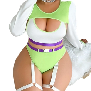 Set lingerie sexy tre pezzi con maniche lunghe e reggicalze in colore verde e bianco
