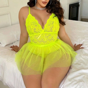 Women's Sexy Neon Yellow Lace See-Through Lingerie Mesh Babydoll Nightdress Plus Size Top And Bottom Exotic Sleepwear