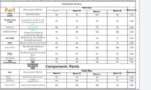 Tabella taglie dettagliata per completi lingerie neri da S a XL con misure specifiche