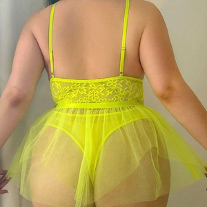 Neon yellow lace lingerie set with mesh skirt and thong, sexy see-through sleepwear