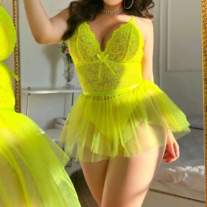 Fluorescent yellow lace bodysuit lingerie set with deep V-neck and mesh tutu skirt