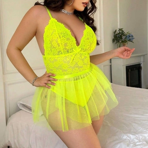 Fluorescent yellow-green lace teddy lingerie with deep V-neck and mesh skirt for women