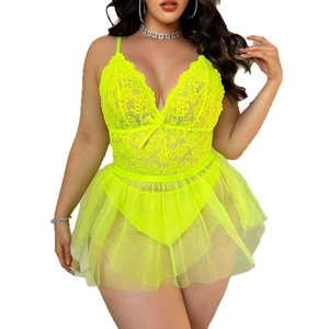 Neon yellow lace bodysuit with sheer mesh skirt and deep V-neckline for women