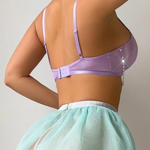 Sexy purple satin lingerie with mesh skirt and beaded chain details for women