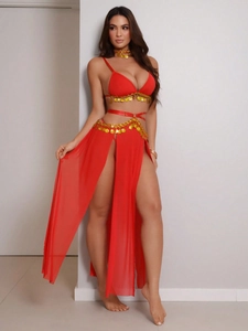 Exotic red belly dance costume set with gold sequins and side slit chiffon skirt