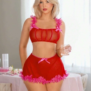 Women Sexy Red Mesh Lingerie Top And Skirt With Pink 3D Flower Decorations And Satin Bows Bikini Nightwear For Valentine