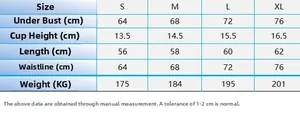 Detailed size chart with measurements for the sexy metal halter neck bodysuit lingerie