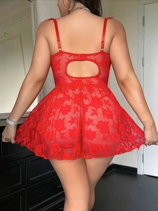 Detailed back view of plus size red lace babydoll with floral embroidery and cut-out